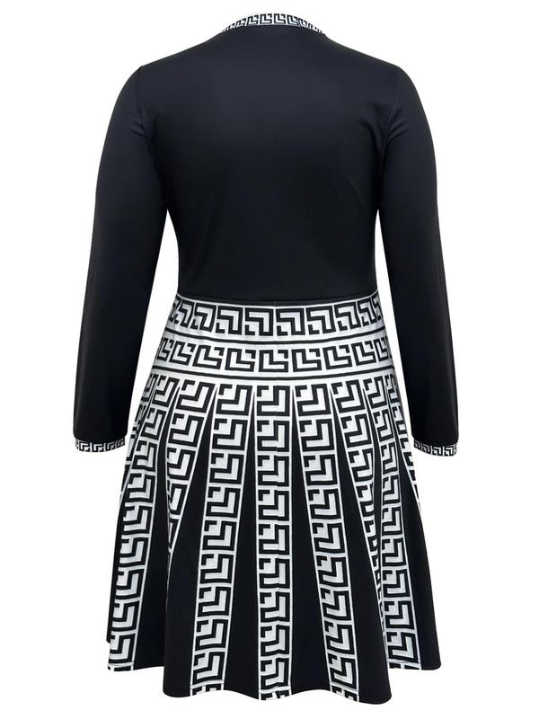  Contrast Binding Pleated A Line Dress, Casual Mock Neck Long Sleeve Dress for Spring & Fall, Women's Clothes for Daily Wear